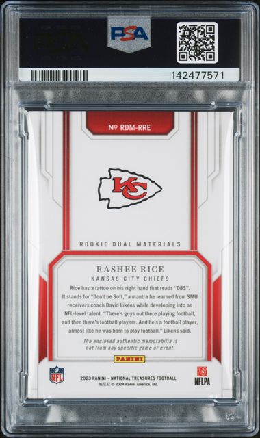 2023 Panini National Treasures Rookie Dual Materials Rashee Rice Holo Silver #RRE PSA AUTH Auto 9