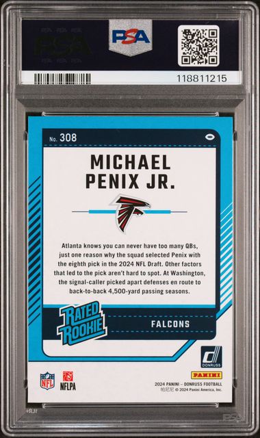 2024 Panini Donruss Michael Penix Jr. Press Proof Blue #308 PSA 8 Auto 10