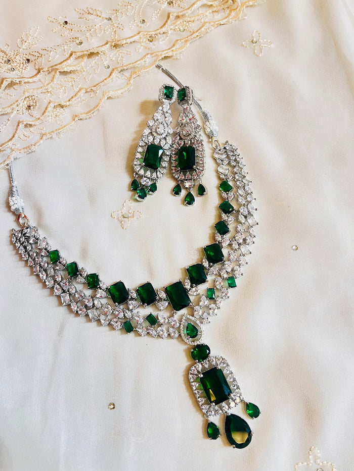 MOHAR emerald-tone statement choker necklace set with American Diamond stones