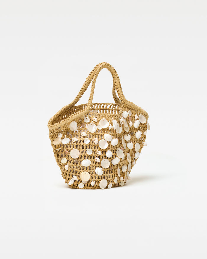 Front view of the cream and natural Alba Bag showing the open interior.