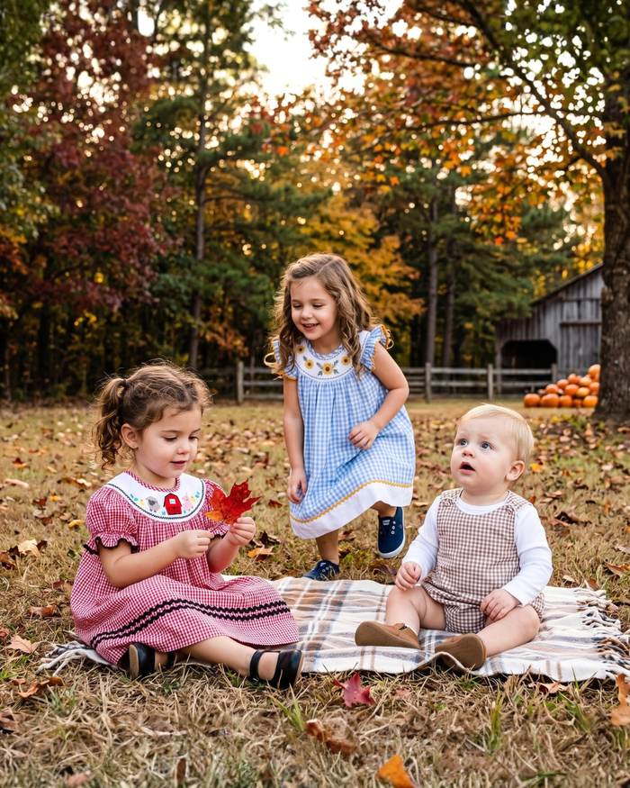 Blue Gingham Sunflower Smocked Bishop Dress - Lil Cactus