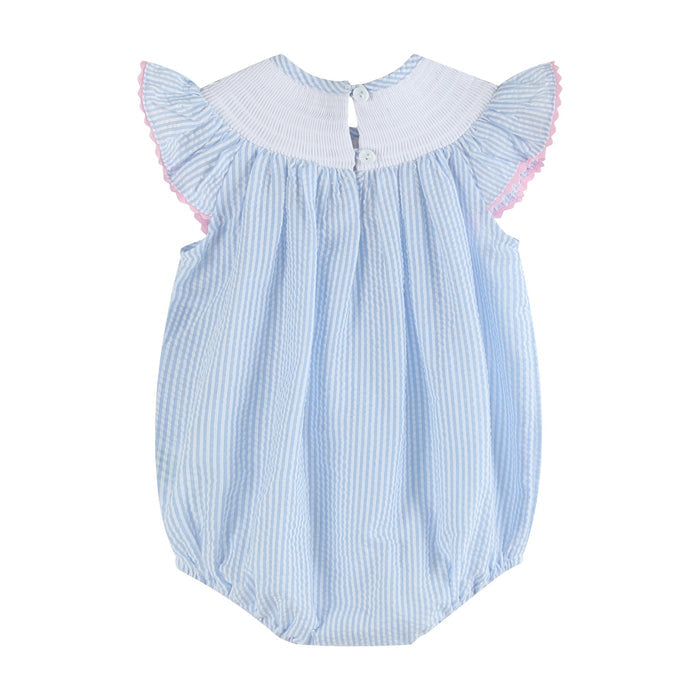 Blue Seersucker Bow Smocked Flutter Romper - Lil Cactus