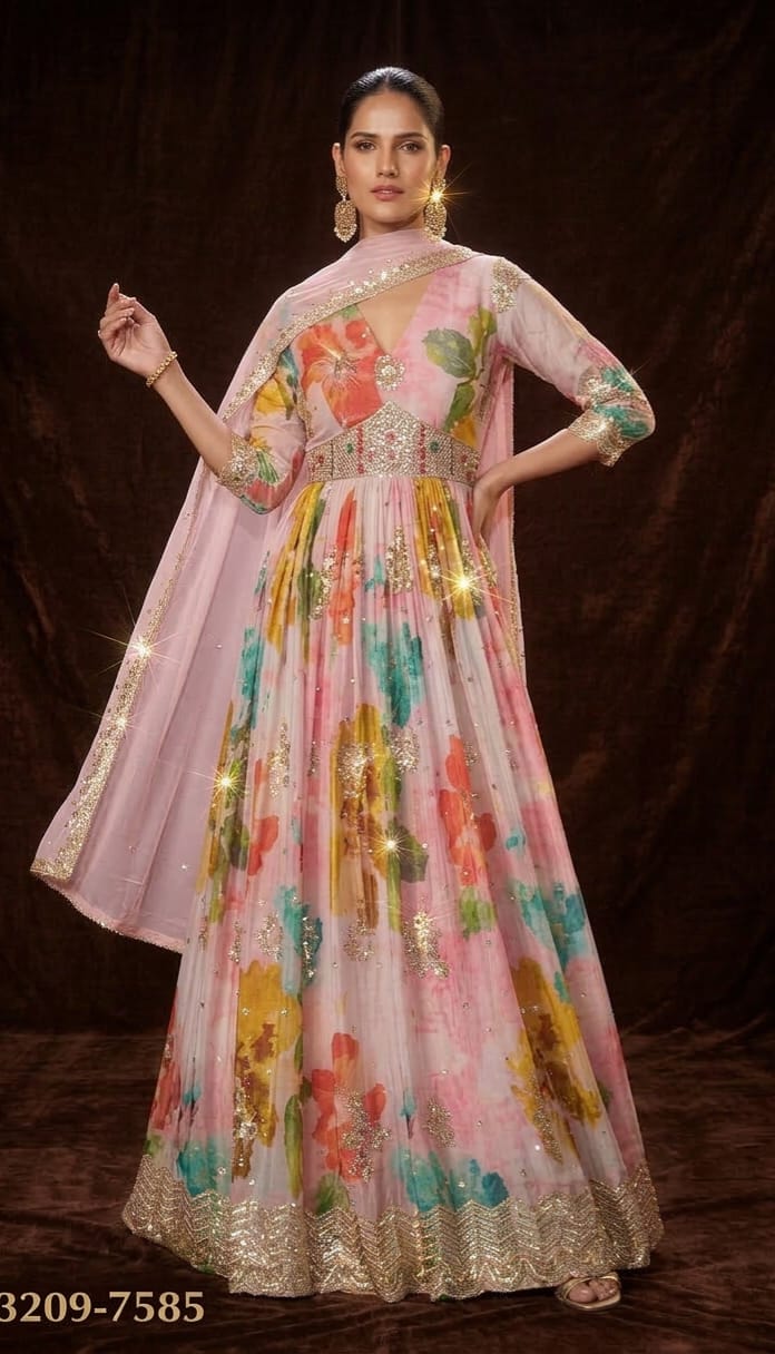 Blush Floral Anarkali Gown with Dupatta & Gold Embellishments