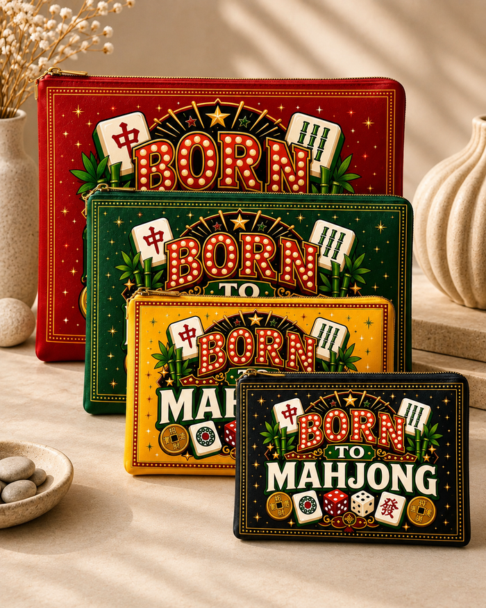 Rectangular vegan leather zipper pouch with bold Mahjong graphic, assorted colors