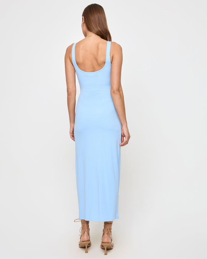 LSPACE Camille dress in French blue, back view on model.