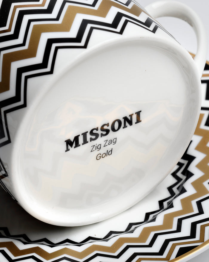 Coffee Cup & Saucer ZIG ZAG Set of 2 in Luxury Box Gold diam. 2.3", H 2.5", Cap. 4 oz, Saucer diam. 4.75"