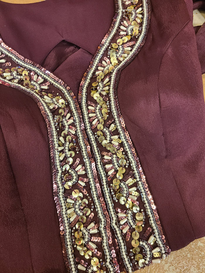 Deep Plum Embellished Indo-Western Crop Top & Draped Skirt Set