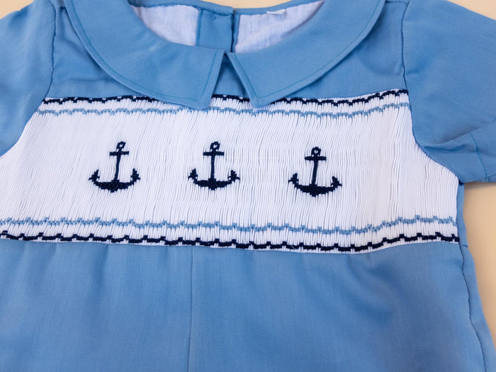 Easter Blue Smock Cotton Romper, Peter Pan Collar Short Sleeves Overalls, Sailor Print Playsuit