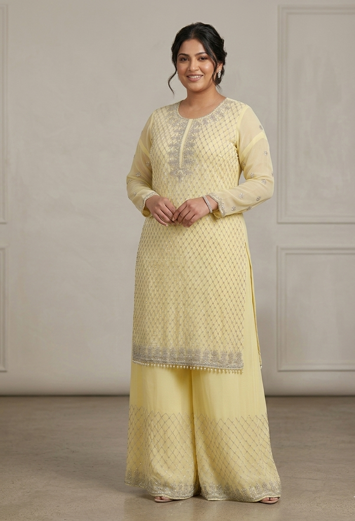 Elegant Pale Yellow Embroidered Sharara Suit Set