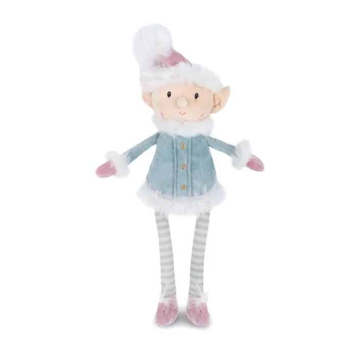 Pastel Christmas elf plush in mint green coat, striped leggings and blush pink hat