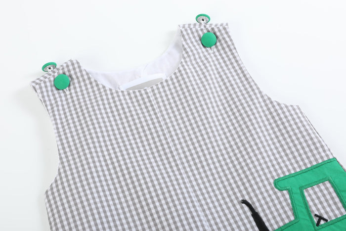 Gray Gingham Green Tractor Applique Shortalls - Lil Cactus