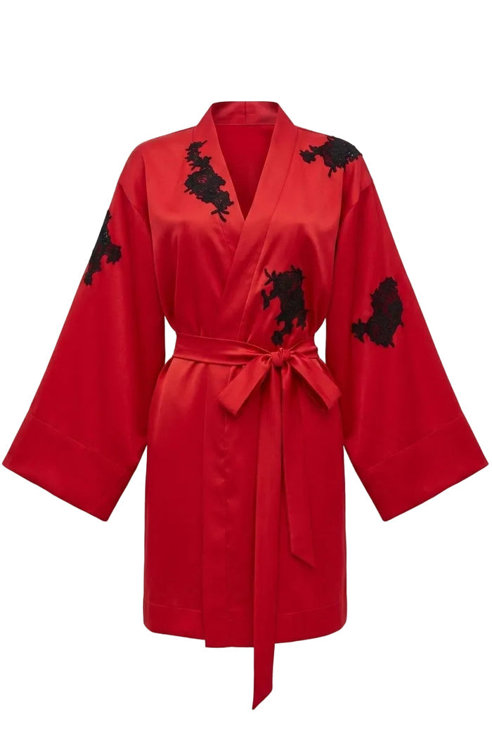 Kasumi Singnatures red garden mini kimono robe