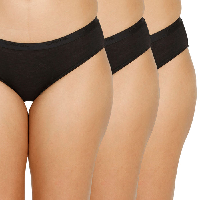 Organic Bamboo outer elastic bikini for Women-pack of 3's photograph that's made with an innovative bamboo and organic cotton fabric from Lavos Performance, a carbon neutral eco-fashion company. Lavos Performance Women's Bikini Panty comes in a pack of 3 with assorted colors. Perfect for your day-to-day routine. Made of signature Air jersey fabric that is extremely soft, lightweight, and skin-friendly. Added front and back coverage. Anti-bacterial and odor-free. Ultra Soft Bamboo/Cotton keeps yo