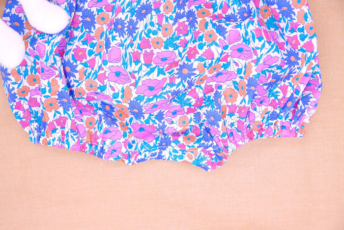 Liberty London Bubble Ditsy Floral Print Romper, Personalised Blue Pink Straps Ties Onesie Playsuit