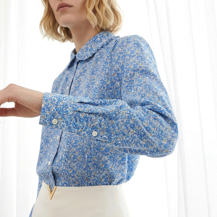 Liberty London Frilled Peter-Pan Collared Long-sleeved Chemise, Handmade Cotton Button-up Shirt, Sustainable Personalised Womenswear