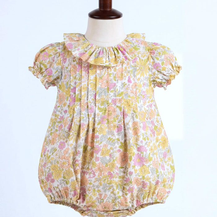 Liberty London Heirloom Children-wear, Pierrot Ruffle Collared Short-Sleeved Bubble Romper, Handmade Sustainable Ethical Clothing