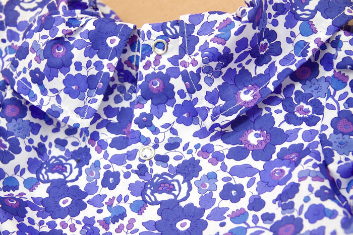 Liberty London Long Sleeves Pierrot Collar Bubble Playsuit, Blue Purple Handmade Floral Print Clothing