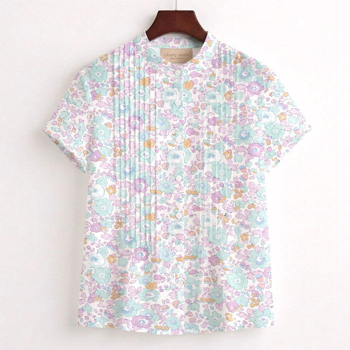 Liberty London Mandarin Collared Pin-tuck Short-sleeved Top, Button-up Blouse, Handcrafted Personalised Shirt, Tailoring Chemise