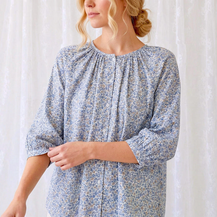 Liberty London Peasant Button-Up Blouse, Three-quarter Bishop Sleeves Shirt, Handcrafted Tailoring Clothing, Sustainable Womenswear