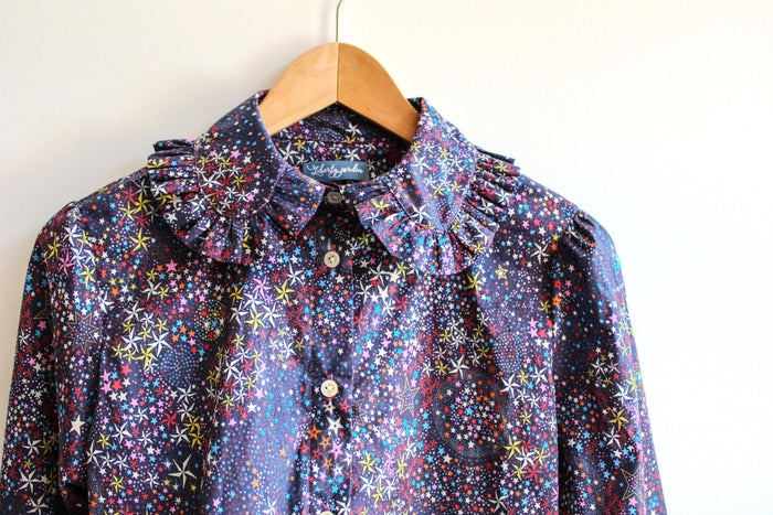 Liberty London Peter Pan Ruffle Collar Shirt: Long Sleeve Handmade Blouse, Ditsy Floral Top