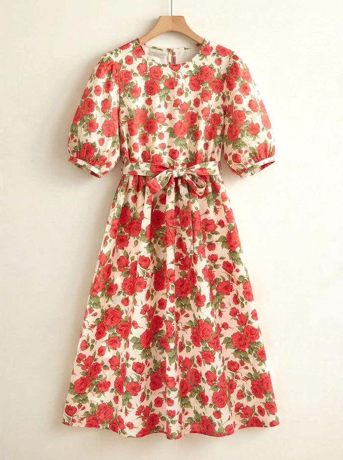 Liberty London Smock Puffed-Sleeves Midi-Length Sun Dress, Sustainable Handmade Womenswear, Botanical Floral-print Cotton Clothing