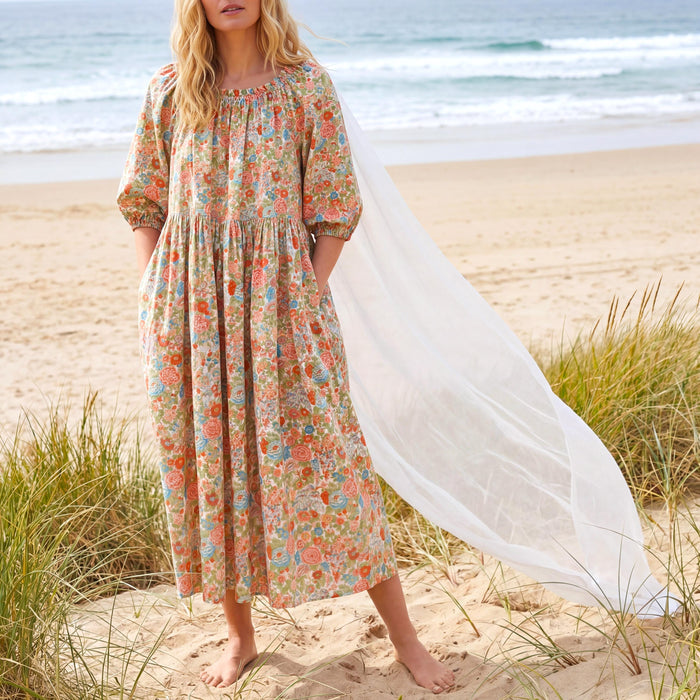 Liberty London Smock Three-quarter Bishop Sleeves Boho Dress, Handmade Personalised Botanical Clothing, Sustainable Womenswear