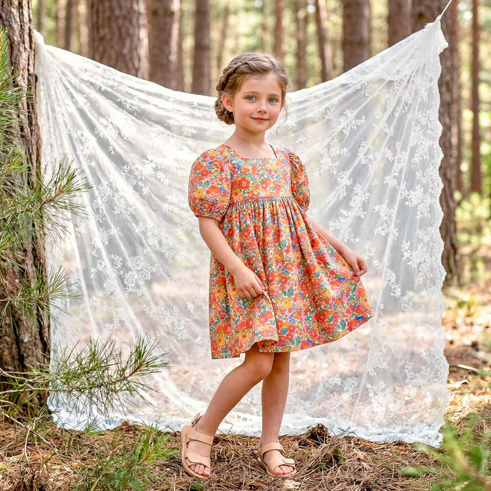 Liberty London Square Neck Puffed Short-sleeved Sundress, Handmade Children-wear, Sustainable Cotton Clothing, Personalised Outfits