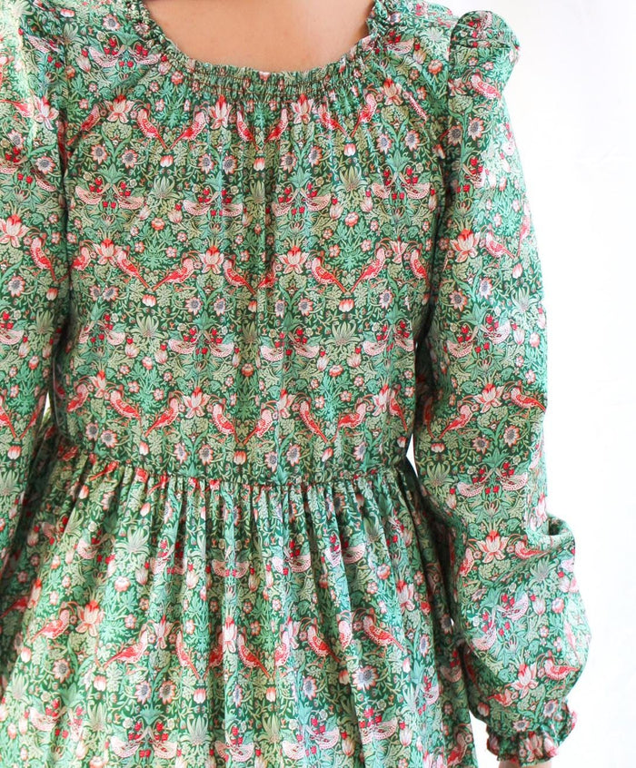Liberty London V-neck Smock Puffed Long-Sleeved Midi Dress, Handmade Sustainable Womenswear, Botanical Tailoring Ethical-wear