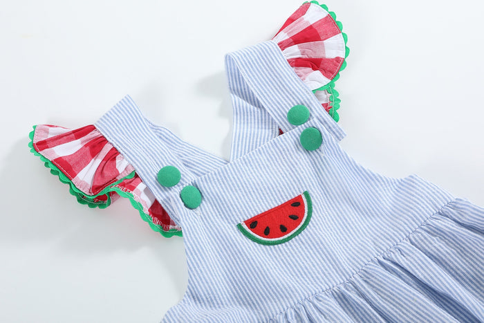 Light Blue Seersucker and Gingham Watermelon Ruffle Romper - Lil Cactus