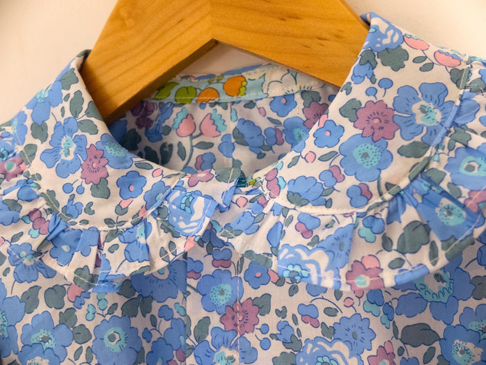 Long Sleeves Liberty Ditsy Floral Girl Top: Peter Pan Ruffle Collar, Button Through Blouse