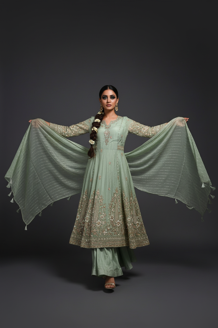 Model wearing mint embroidered sharara set, walking pose with dupatta held wide open