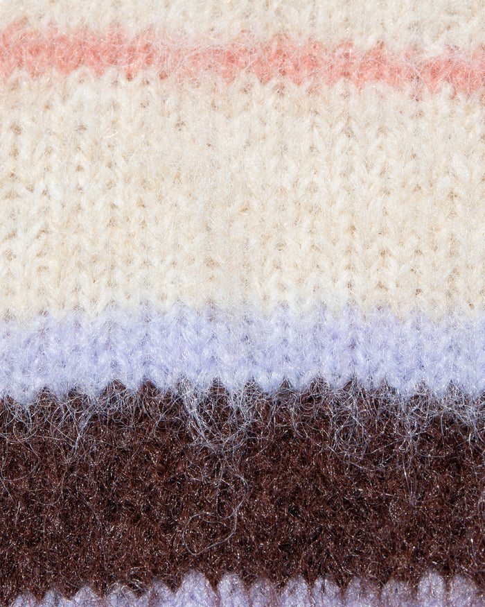 Close-up of the LSPACE Montauk Short in prep school stripe, highlighting the soft eyelash knit texture with horizontal stripes in cream, pink, lavender, and dark brown.