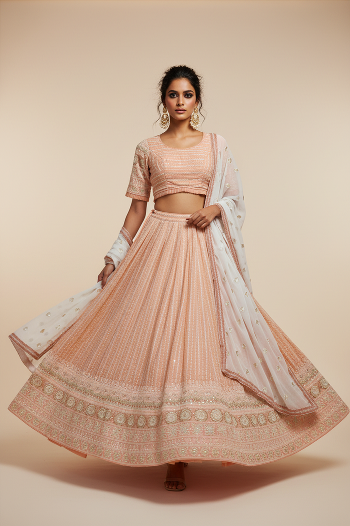 Peach Lucknowi Chikankari Lehenga Set