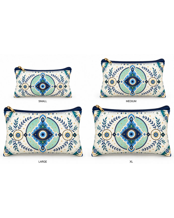 Four-size set of vegan leather zipper pouches with blue evil-eye motifs (S–XL)