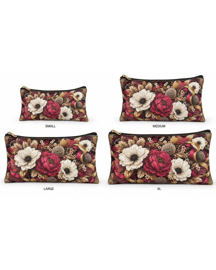 Assorted floral print zippered pouches showing Small, Medium, Large, and XL sizes