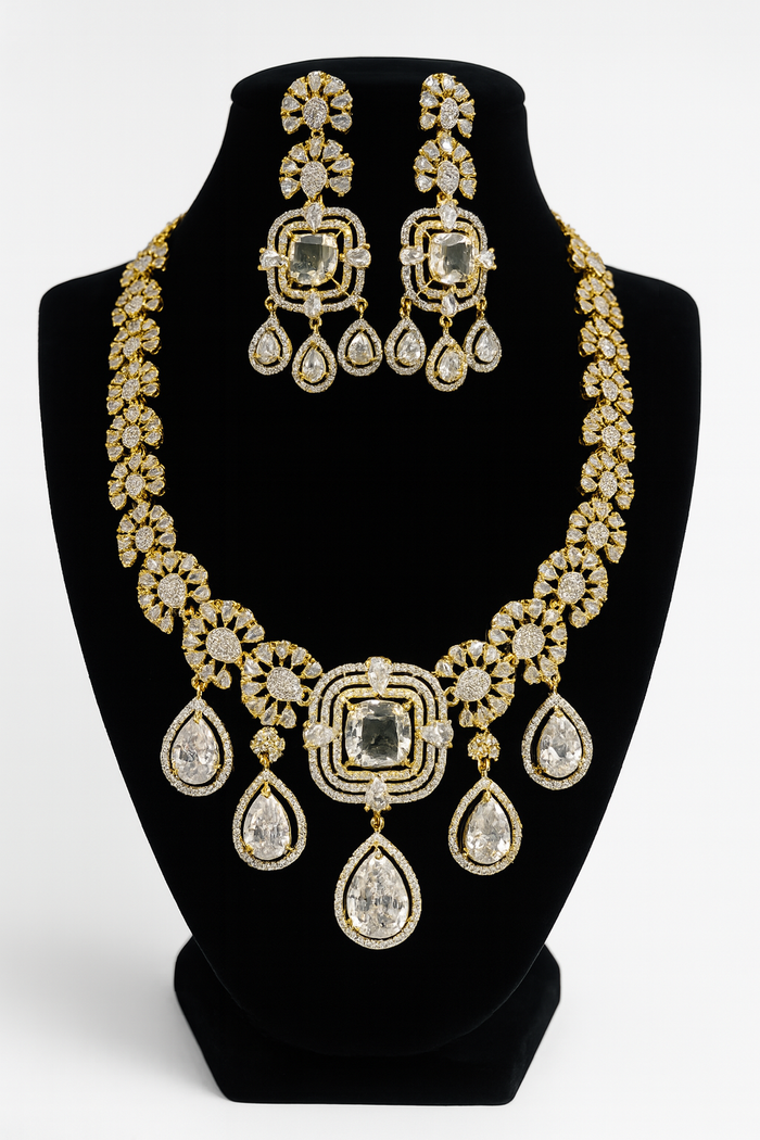 MOHAR royal blue teardrop-cut crystal necklace set with American Diamond stones