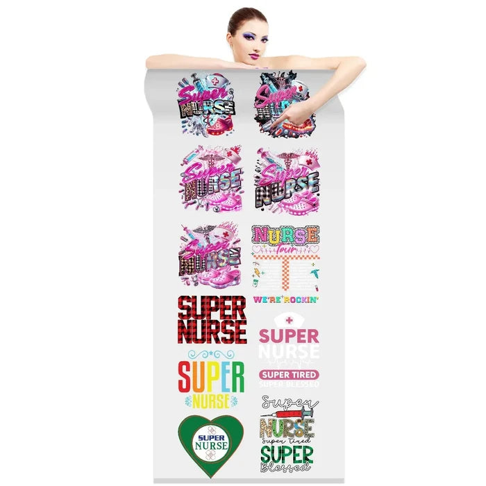 Superhero-style nurse DTF transfer design, ready to press for custom t-shirts – ideal for celebrating healthcare heroes