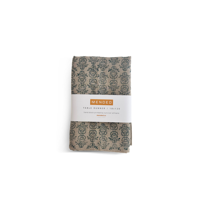 18x120 Hand Block Printed Table Runner in Midnight, Protea