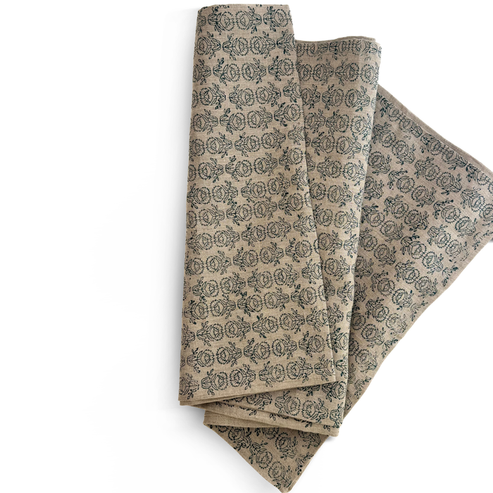18x120 Hand Block Printed Table Runner in Midnight, Protea