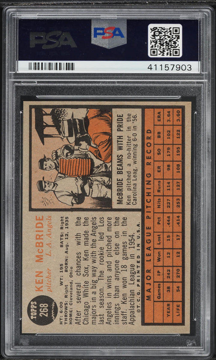 1962 Topps BB Card #268 Ken McBride Los Angeles Angels PSA 8 NM-MT (MGD2)