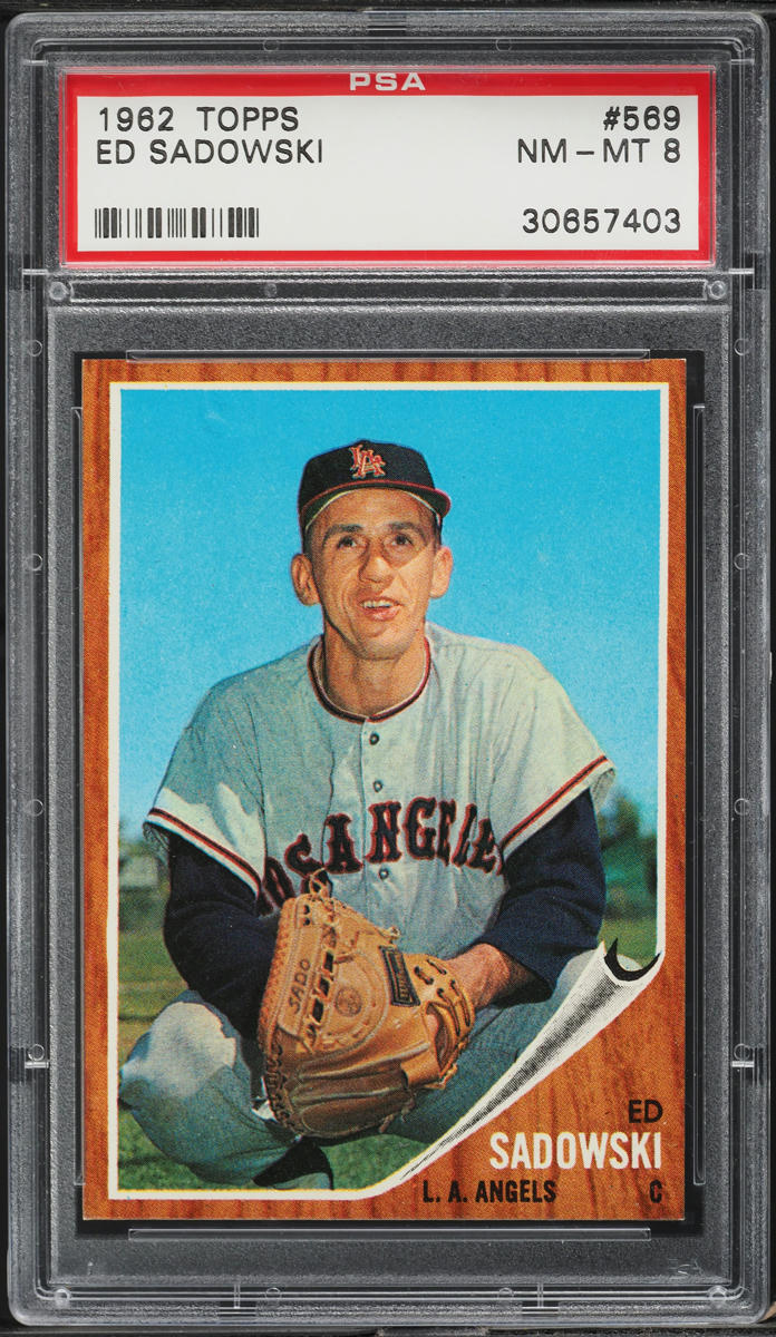 1962 Topps BB Card #569 Ed Sadowski Los Angeles Angels SP PSA 8 NM-MT (MGD2)