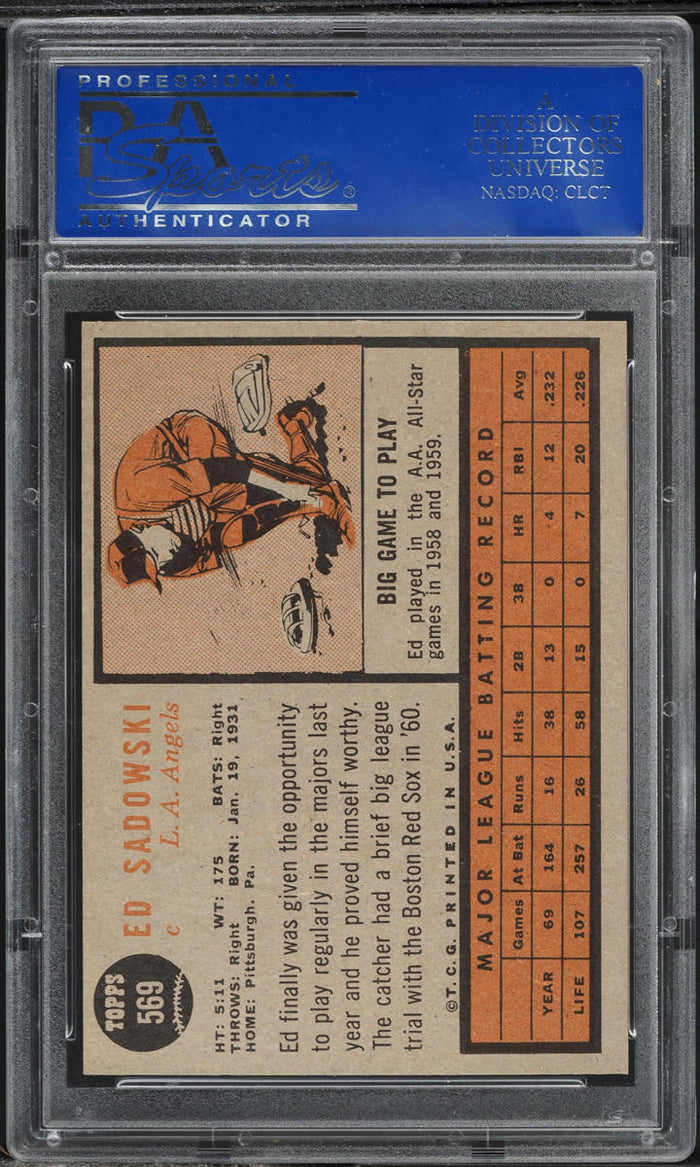 1962 Topps BB Card #569 Ed Sadowski Los Angeles Angels SP PSA 8 NM-MT (MGD2)