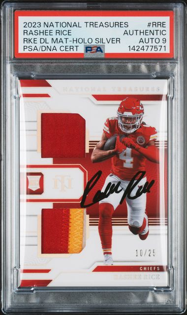 2023 Panini National Treasures Rookie Dual Materials Rashee Rice Holo Silver #RRE PSA AUTH Auto 9