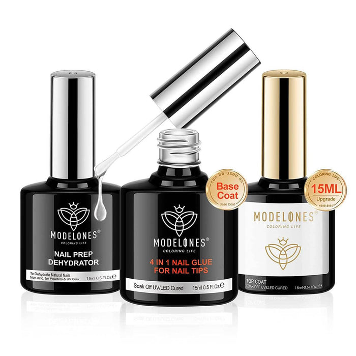 4-In-1 Nail Glue For Tips & Nail Prep Dehydrator & Top Coat 15ml Nail Basic MODELONES #