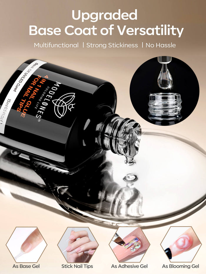 4-In-1 Nail Glue For Tips & Nail Prep Dehydrator & Top Coat 15ml Nail Basic MODELONES #