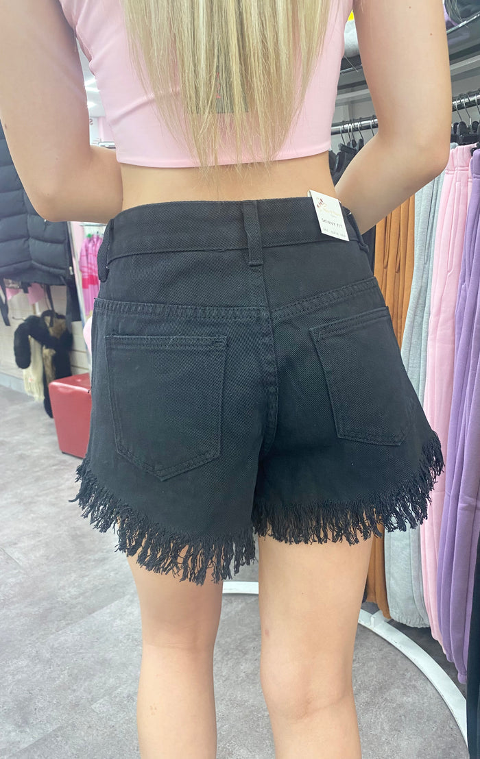 JAZMIN  EMBELLISHED DENIM SHORTS- BLACK - Style Heist
