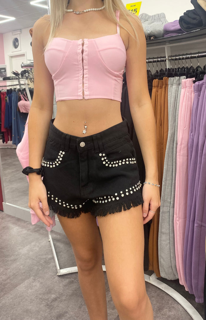 JAZMIN  EMBELLISHED DENIM SHORTS- BLACK - Style Heist