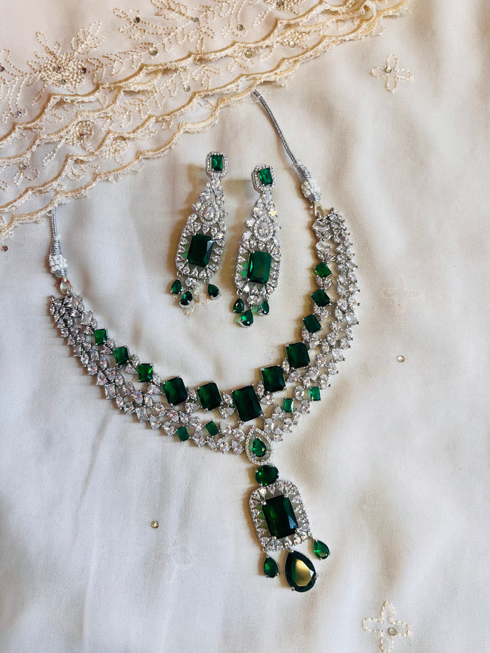 MOHAR emerald-tone statement choker necklace set with American Diamond stones