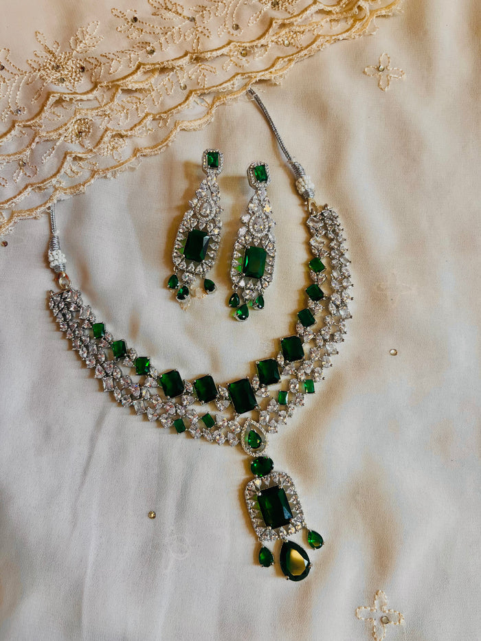 MOHAR emerald-tone statement choker necklace set with American Diamond stones