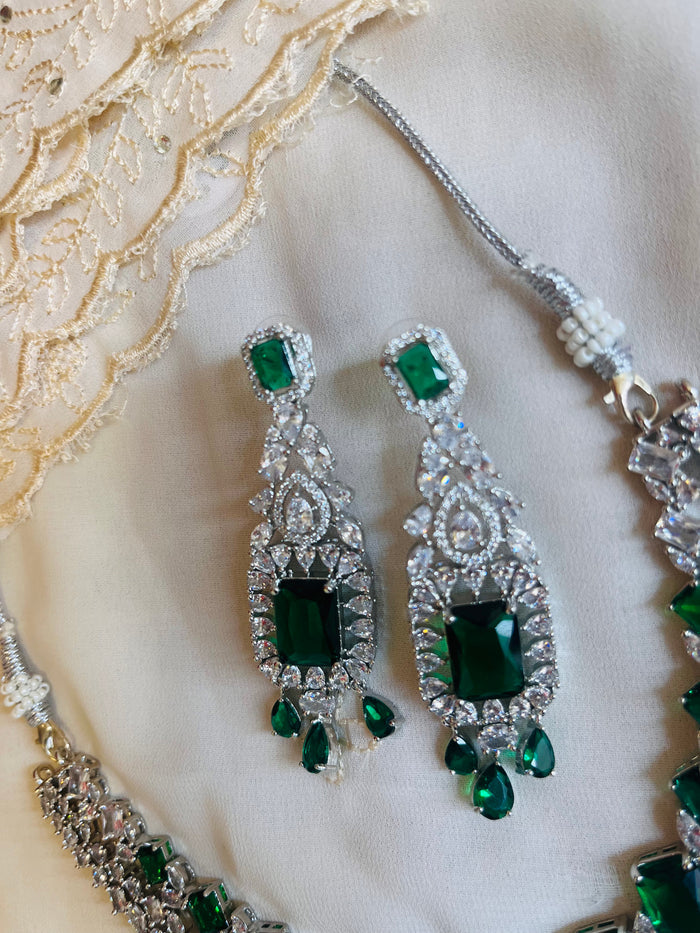 MOHAR emerald-tone statement choker necklace set with American Diamond stones